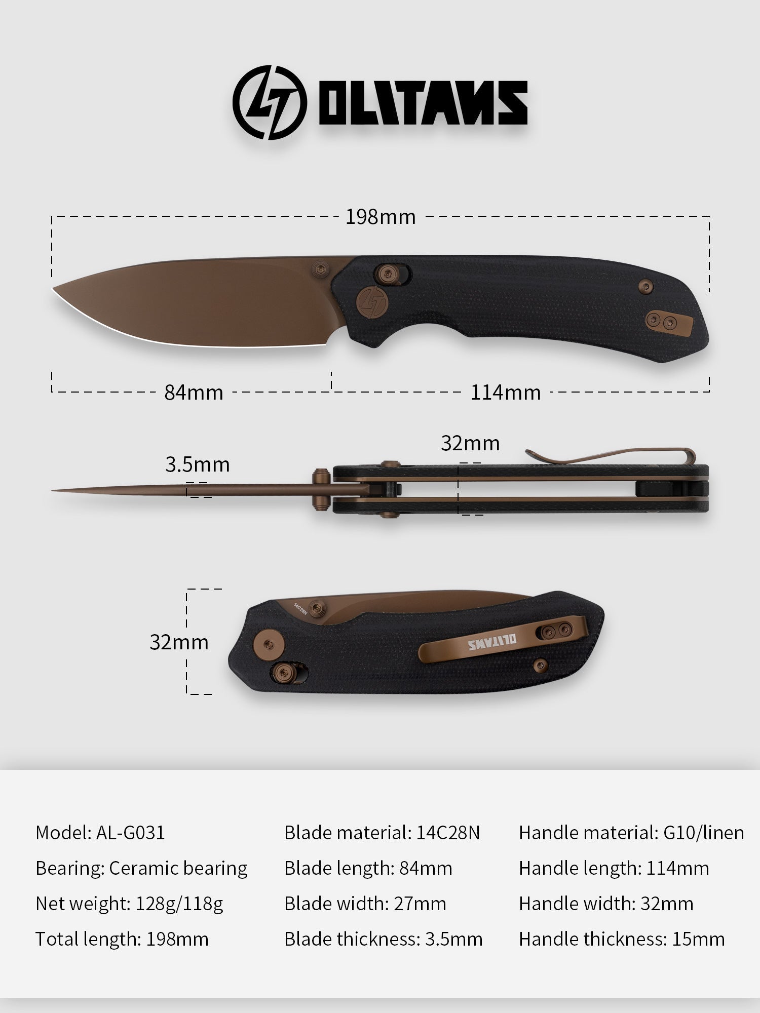 G031 Folding Camping Knife, Crossbar Lock Folding Pocket Knife, 3.3" 14C28N Sandvik Blade for Hiking, EDC 4.5oz