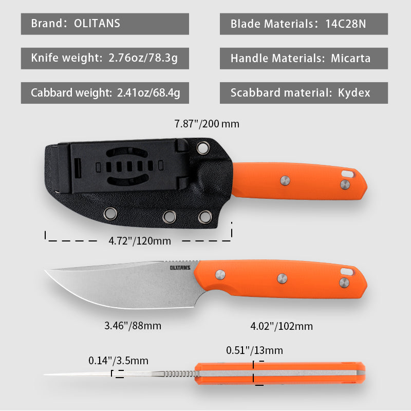 G063 Fixed Blade Knife 3.46'' 14C28N steel Blade, 4.09'' G10 handle Field Utility Knife with Kydex Sheath for Outdoor Camping Hiking