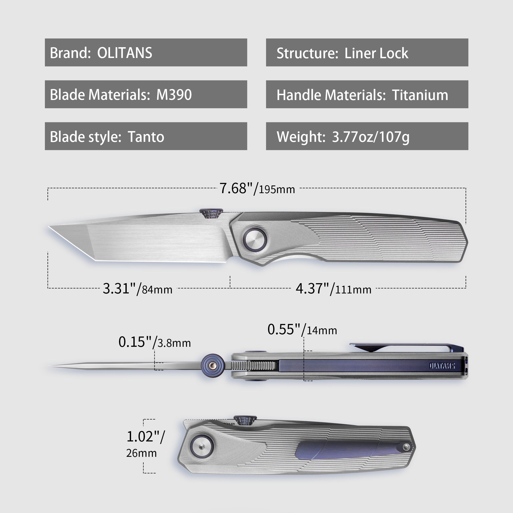 Stealth II T069 Folding Knife – (3.31" Tanto + Böhler M390 + Titanium-Brushed) – OLITANS