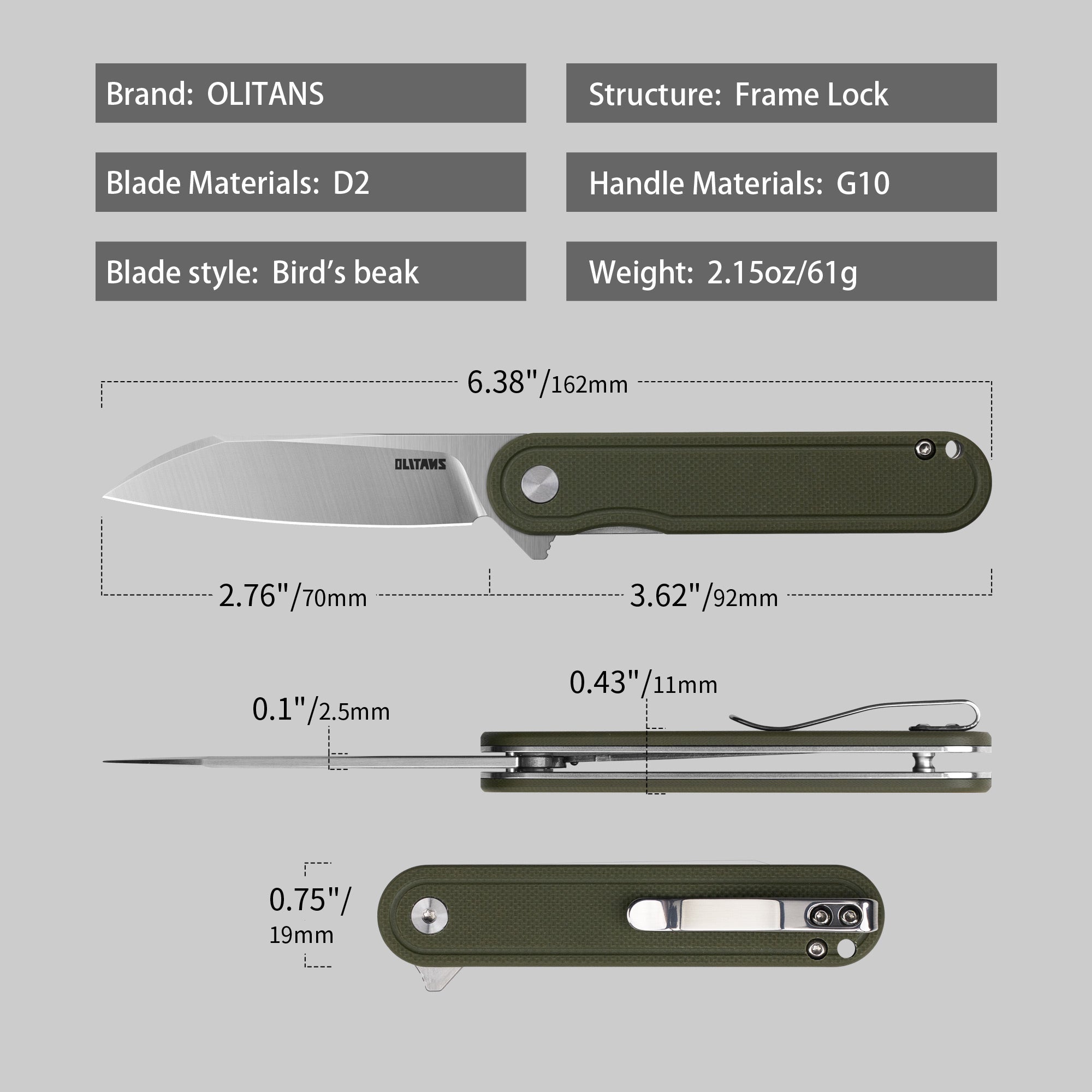 Rocket Wharncliffe Flipper Knife (2.76"-D2 Blade-G10)-G067