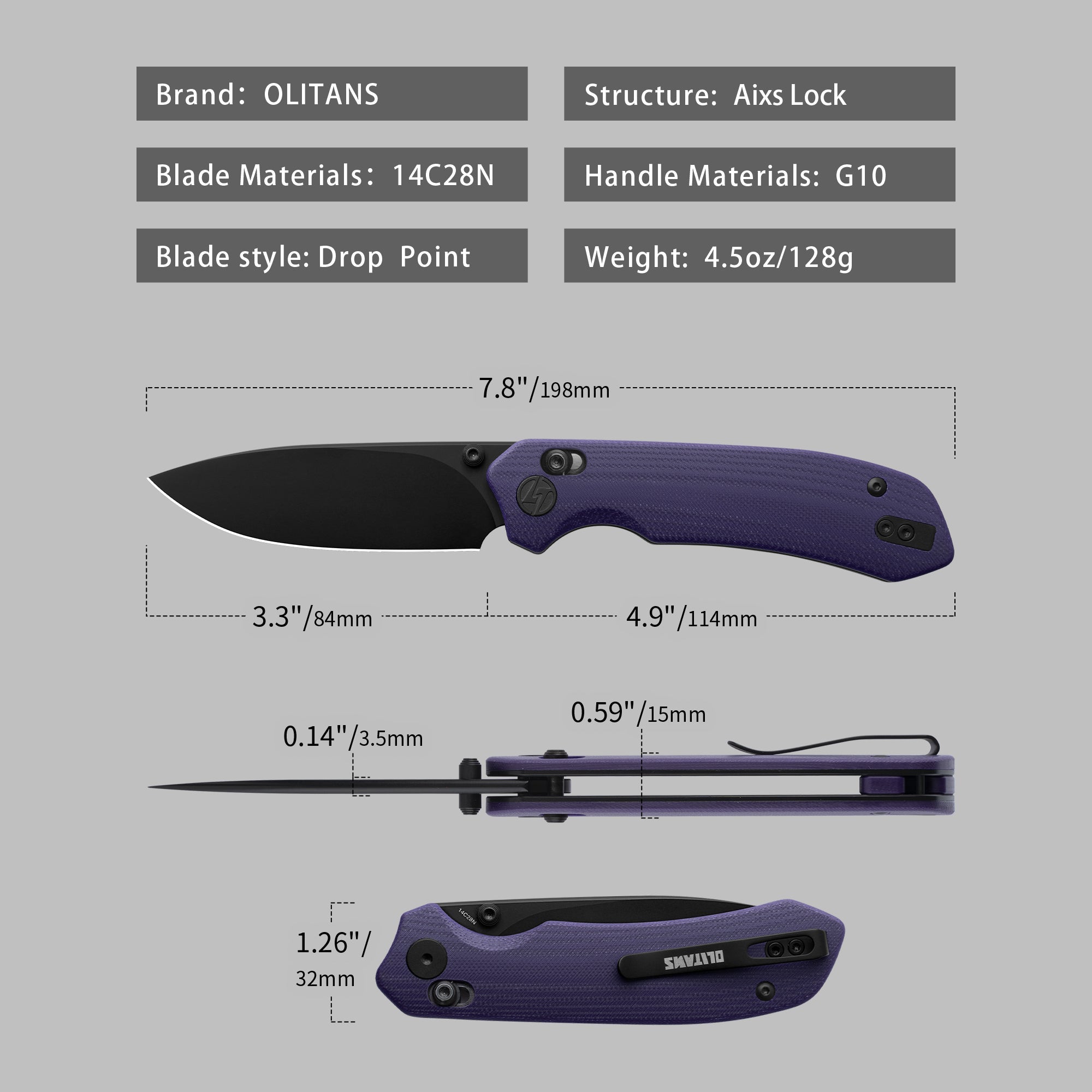 G031 Folding Camping Knife, Crossbar Lock Folding Pocket Knife, 3.3" 14C28N Sandvik Blade for Hiking, EDC 4.5oz