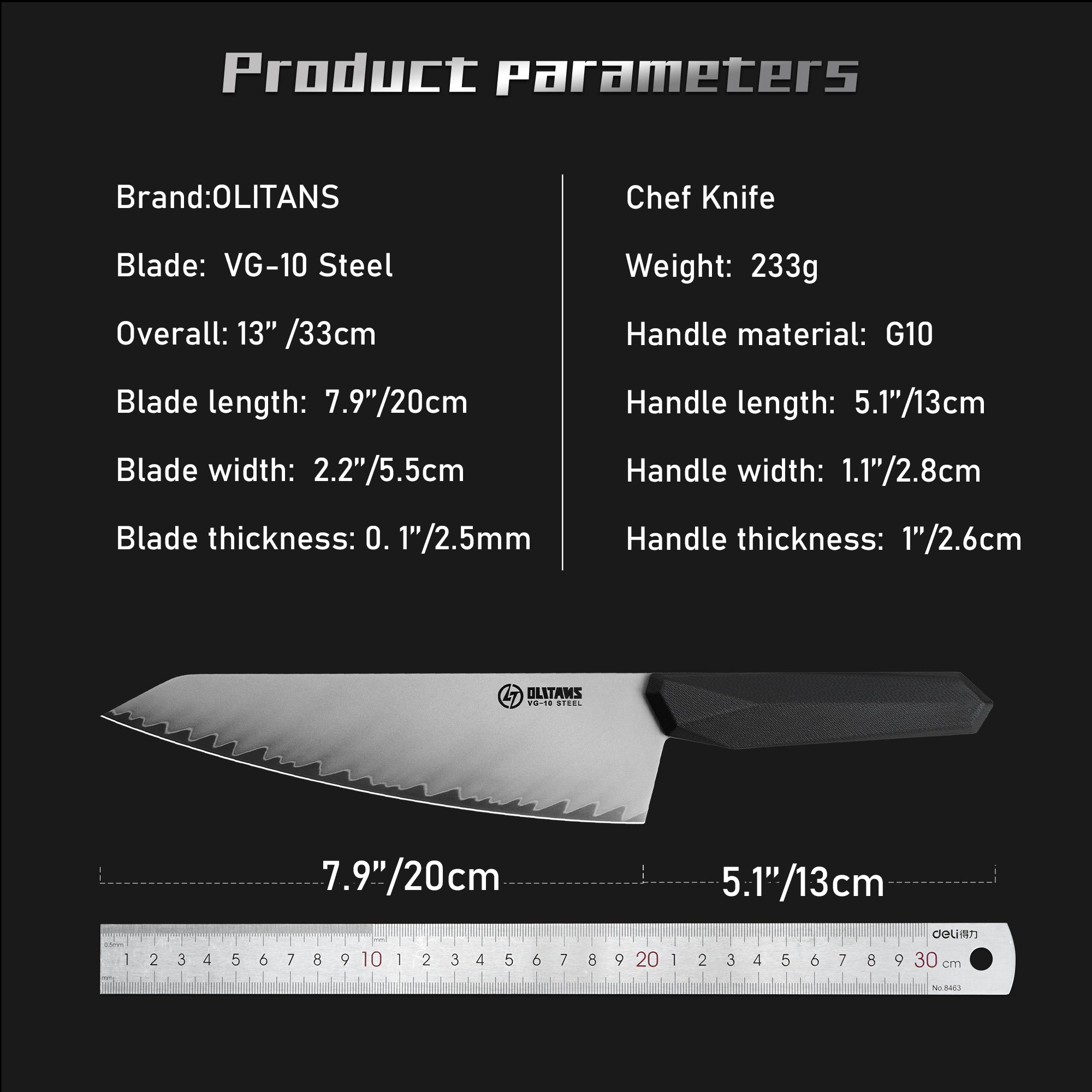 Chef's Knife, 8 in Professional Chef Kinfe VG-10, Ultra Sharp Kitchen Knife, G10 Handle (Black)