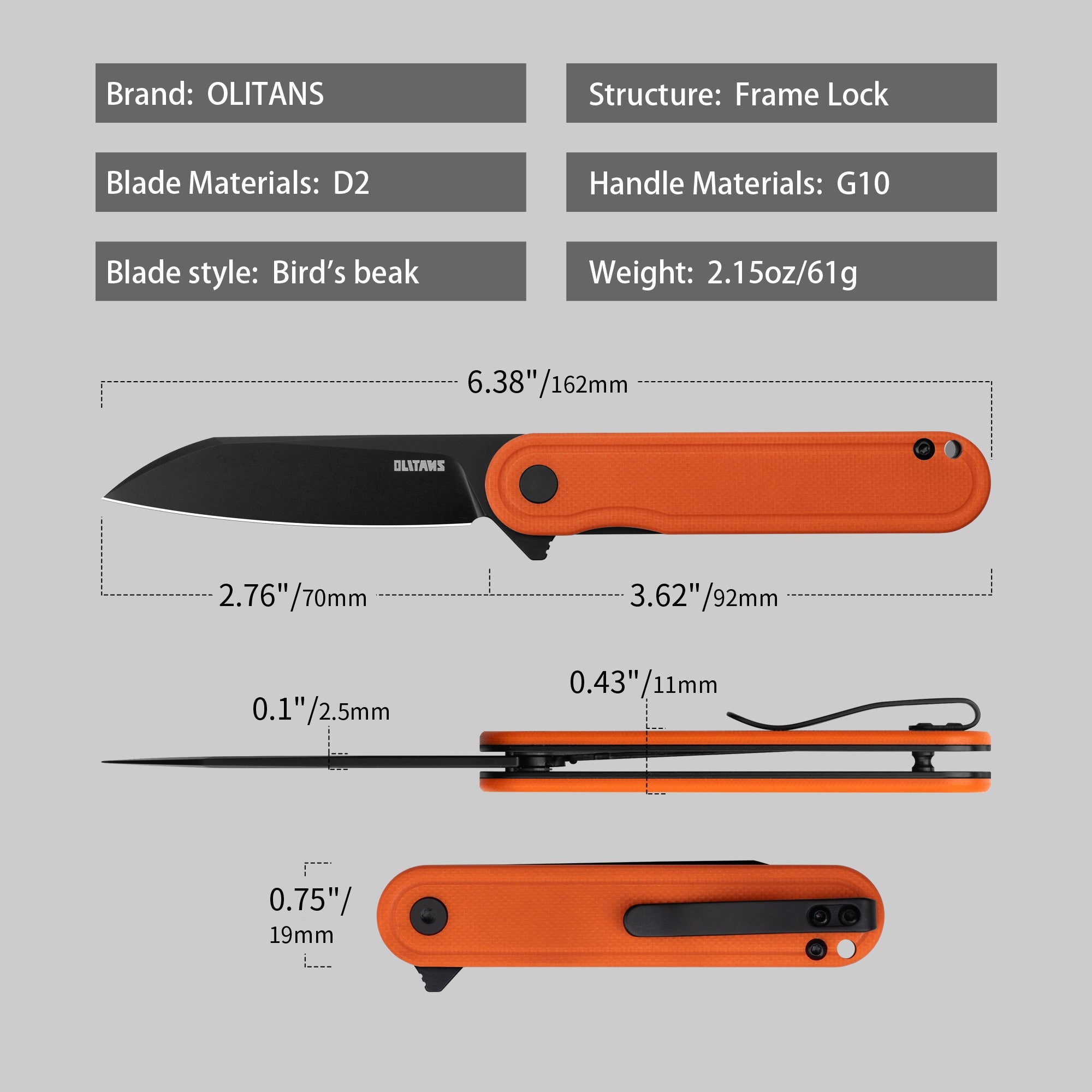 Rocket Wharncliffe Flipper Knife (2.76"-D2 Blade-G10)-G067