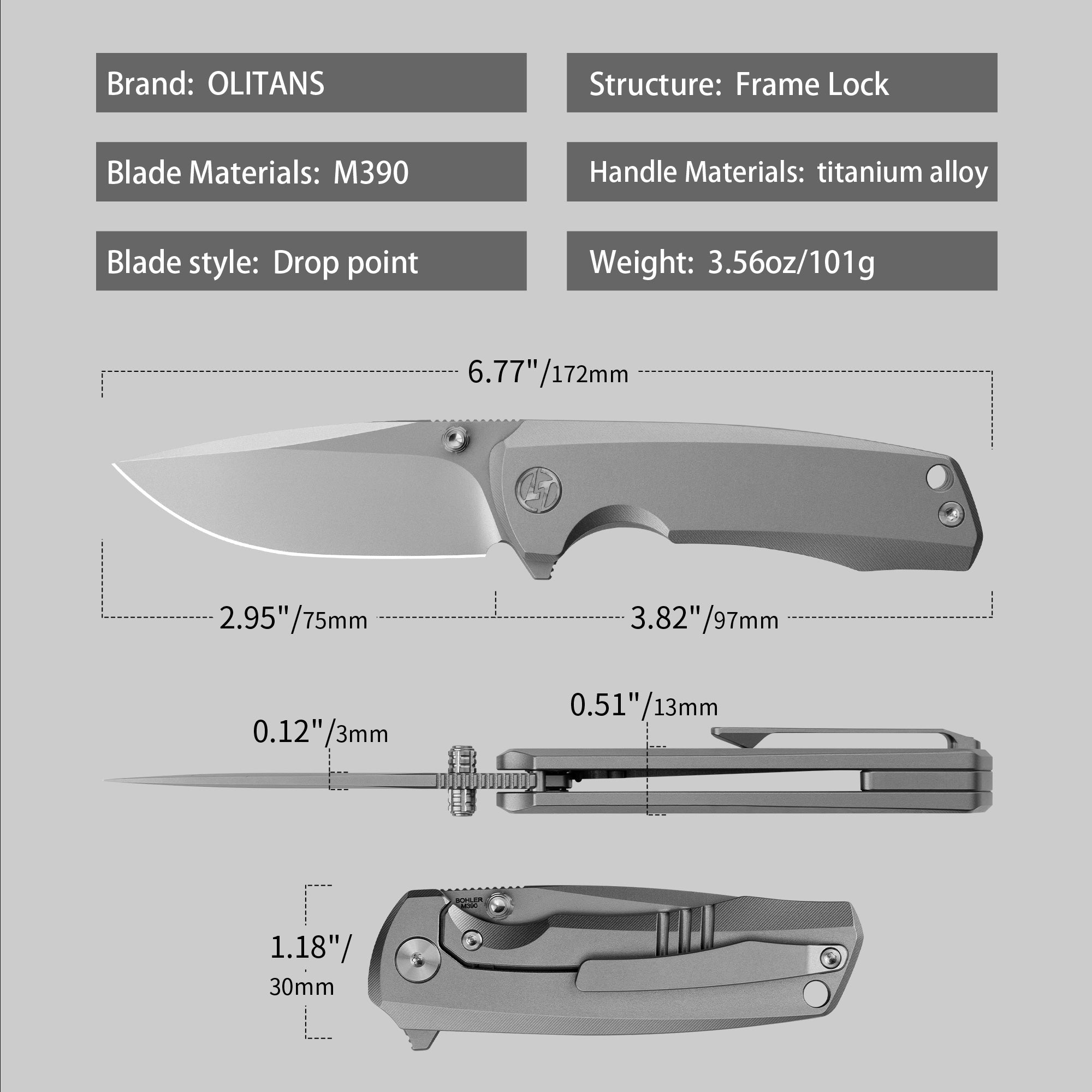 Ti Bomber T065 Folding Knife –（2.95"+Bohler M390 +Titanium）-OLITANS