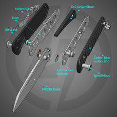 King Penguin G062 Folding Knife （3.35''+14C28N+Carbon fiber surface G10 Handle）-Crossbar Lock-Thumb Stud-Olitans