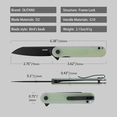 Rocket Wharncliffe Flipper Knife (2.76"-D2 Blade-G10)-G067