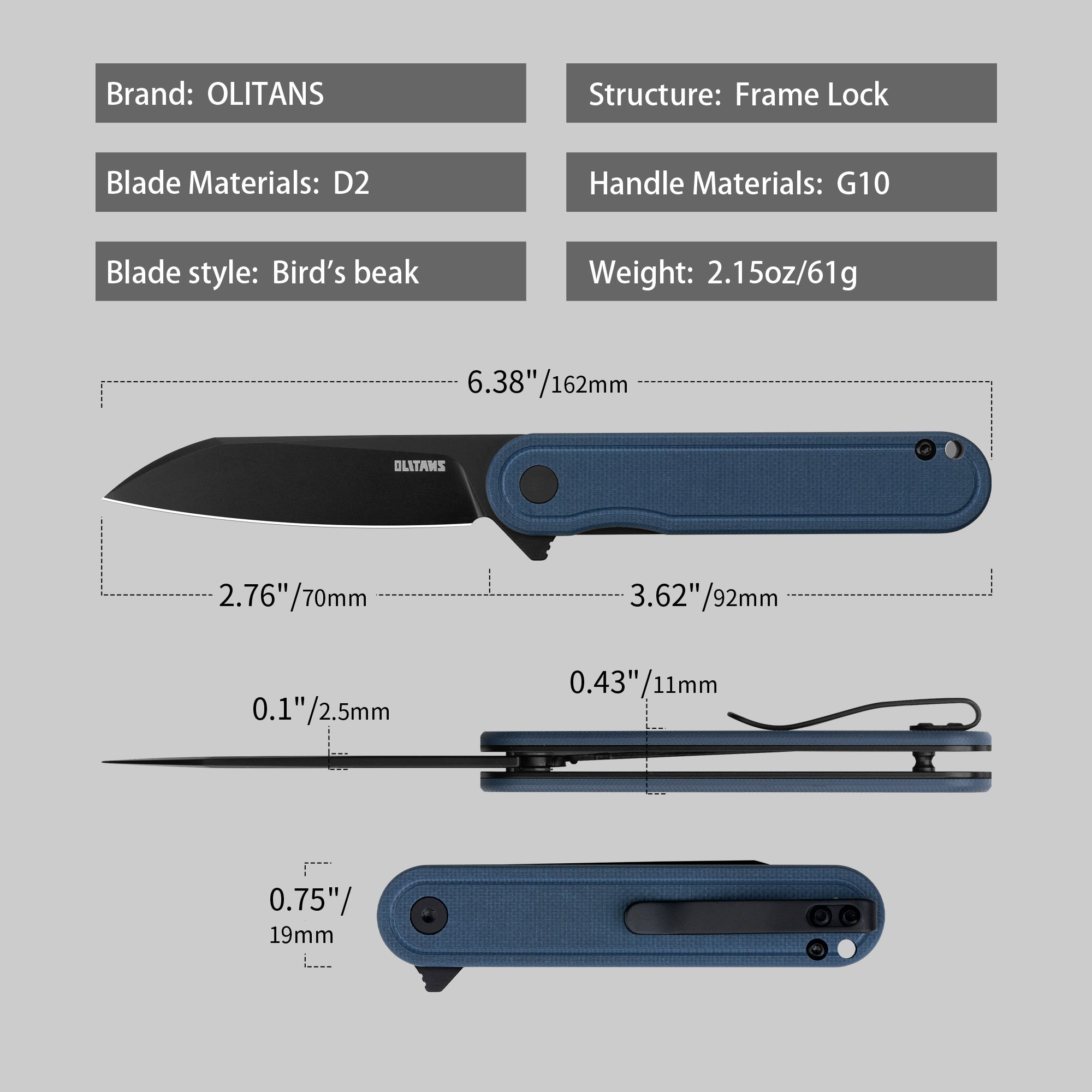 Rocket Wharncliffe Flipper Knife (2.76"-D2 Blade-G10)-G067