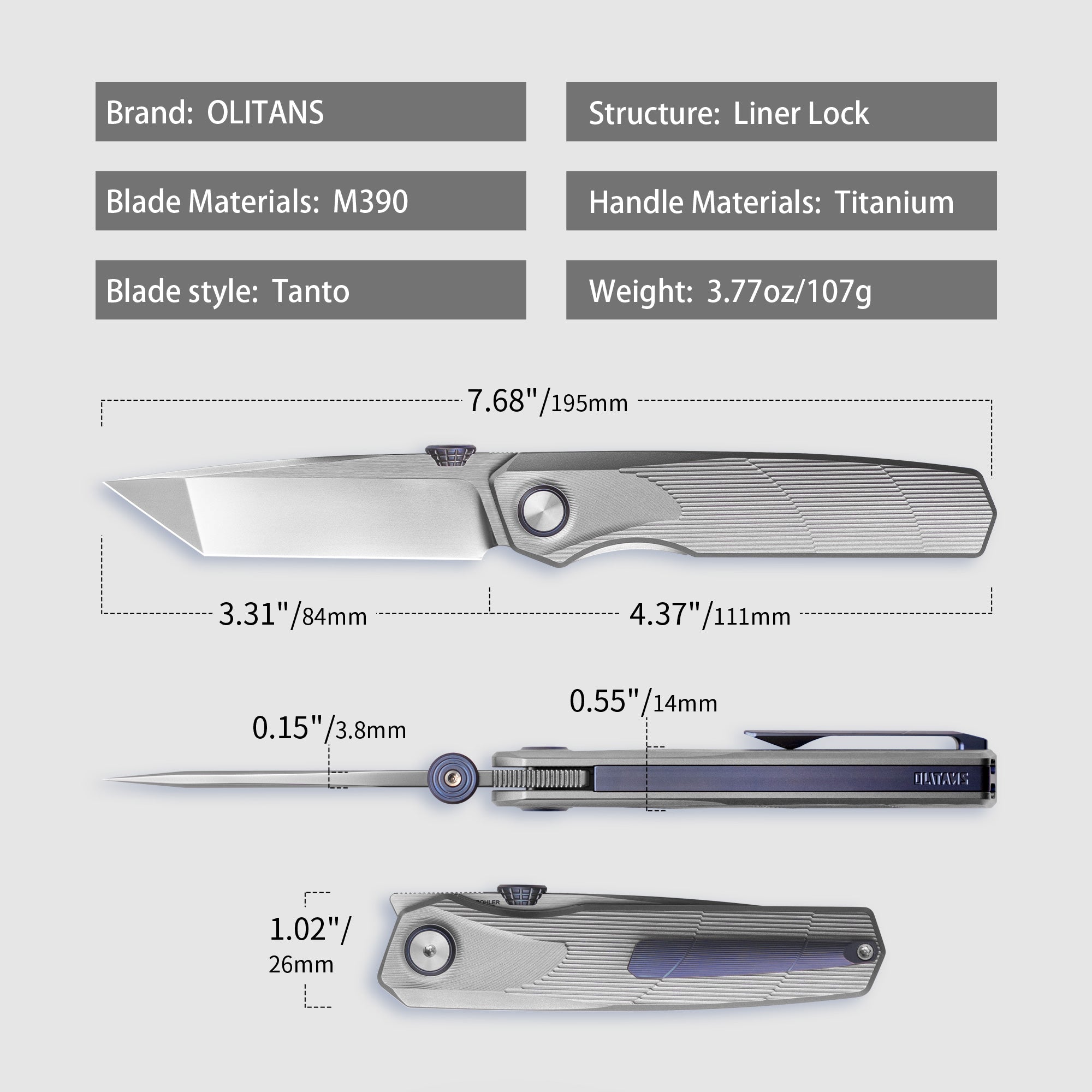 Stealth II T069 Folding Knife – (3.31" Tanto + Böhler M390 + Titanium) – OLITANS