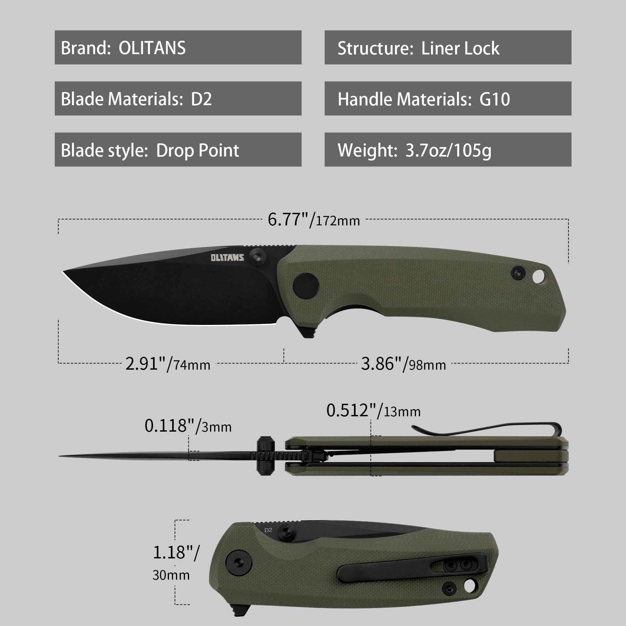 Bomber G061 Folding Knife ( 2.91''+D2+G10 )- Liner LOCK-THUMB STUD-OLITANS