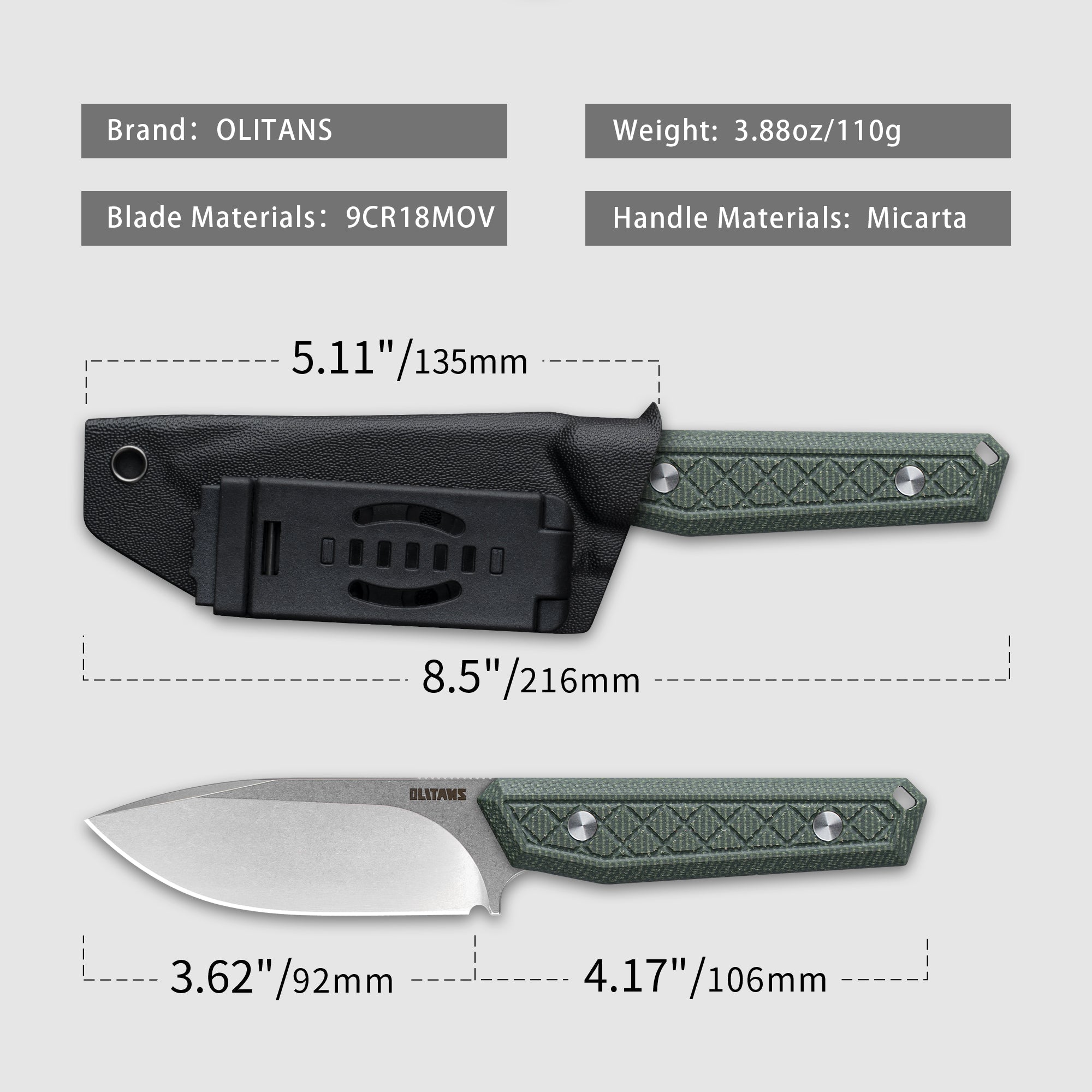Fixed Blade Knife 3.62'' 9Cr18Mov BLADE+G10/Micarta HANDLE- G043