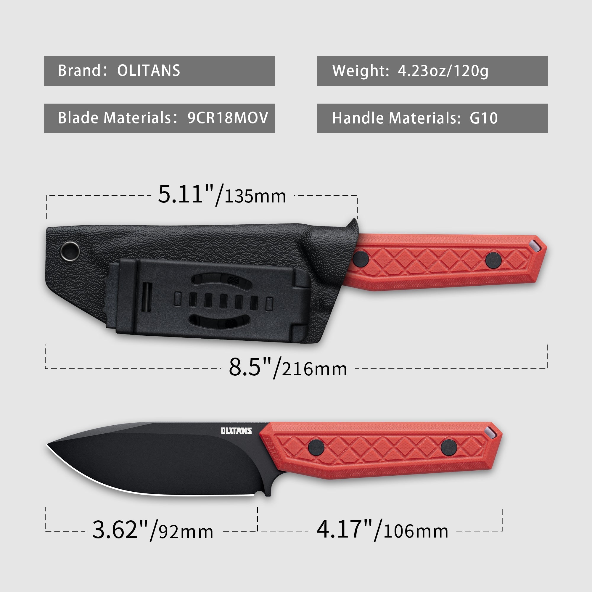 Fixed Blade Knife 3.62'' 9Cr18Mov BLADE+G10/Micarta HANDLE- G043
