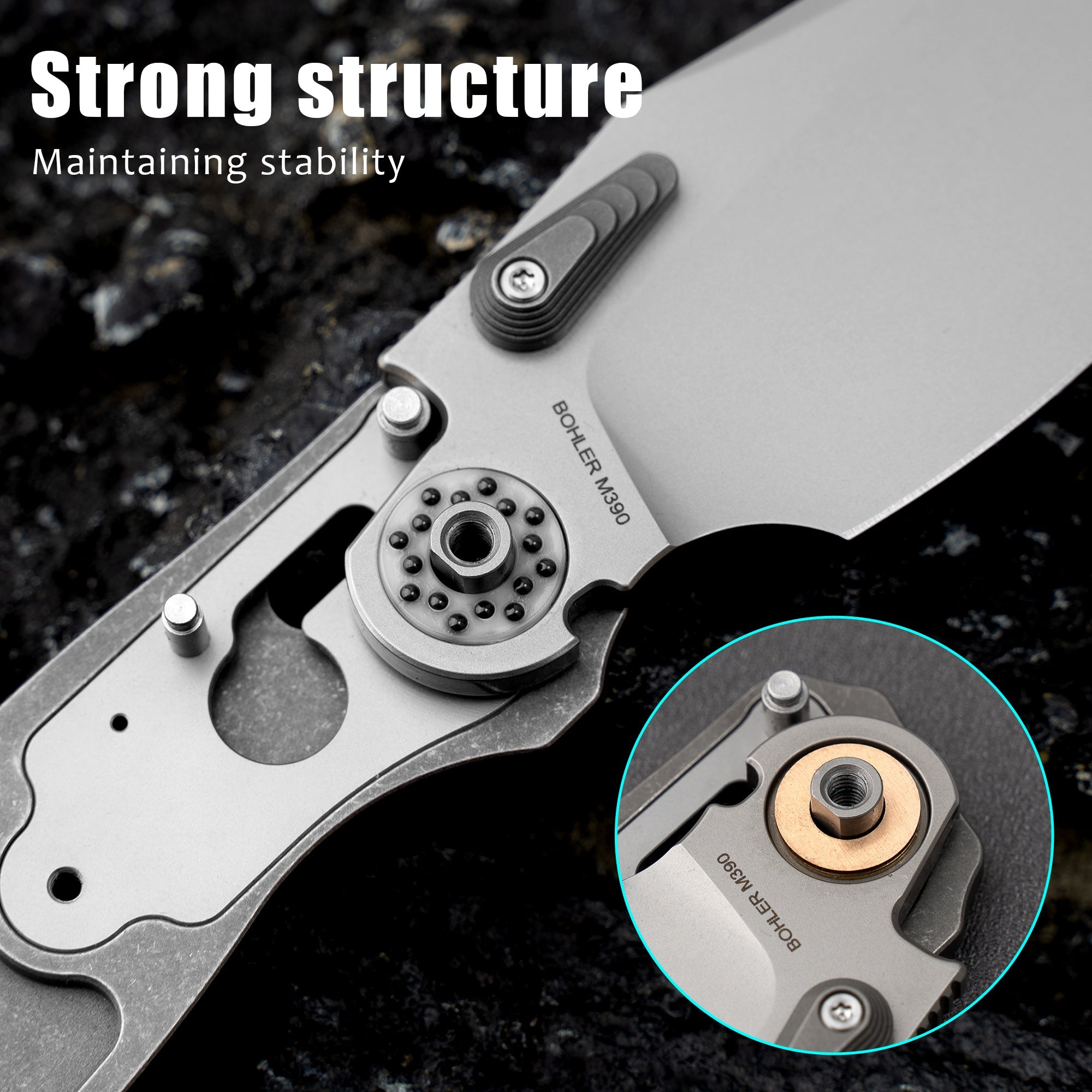 T052-Folding Knife 3.54'' Bohler M390 Blade + Titanium Handle - Crossbar Lock - Thumb Stud