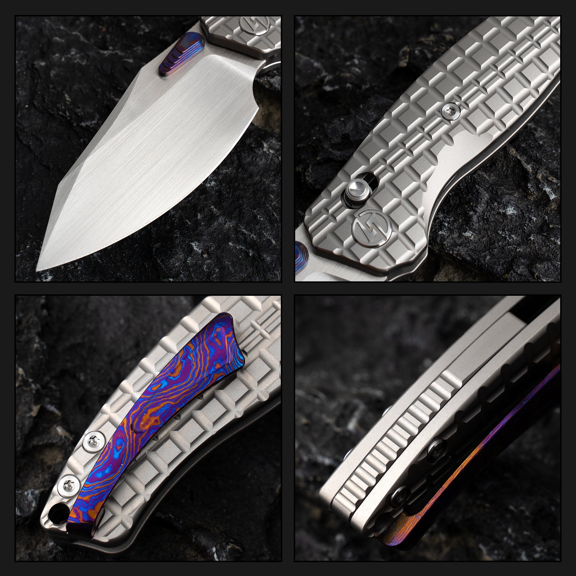 T052-Folding Knife 3.54'' Bohler M390 Blade + Titanium Handle - Crossbar Lock - Thumb Stud
