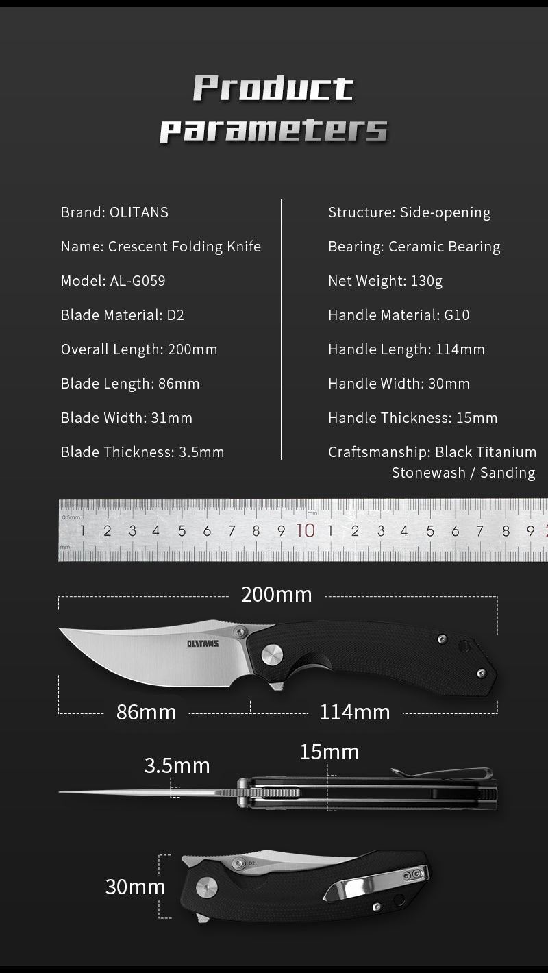 Crescent G059 Folding Knife – 3.38" D2 Blade, G10 Handle, Triple Open | Olitans