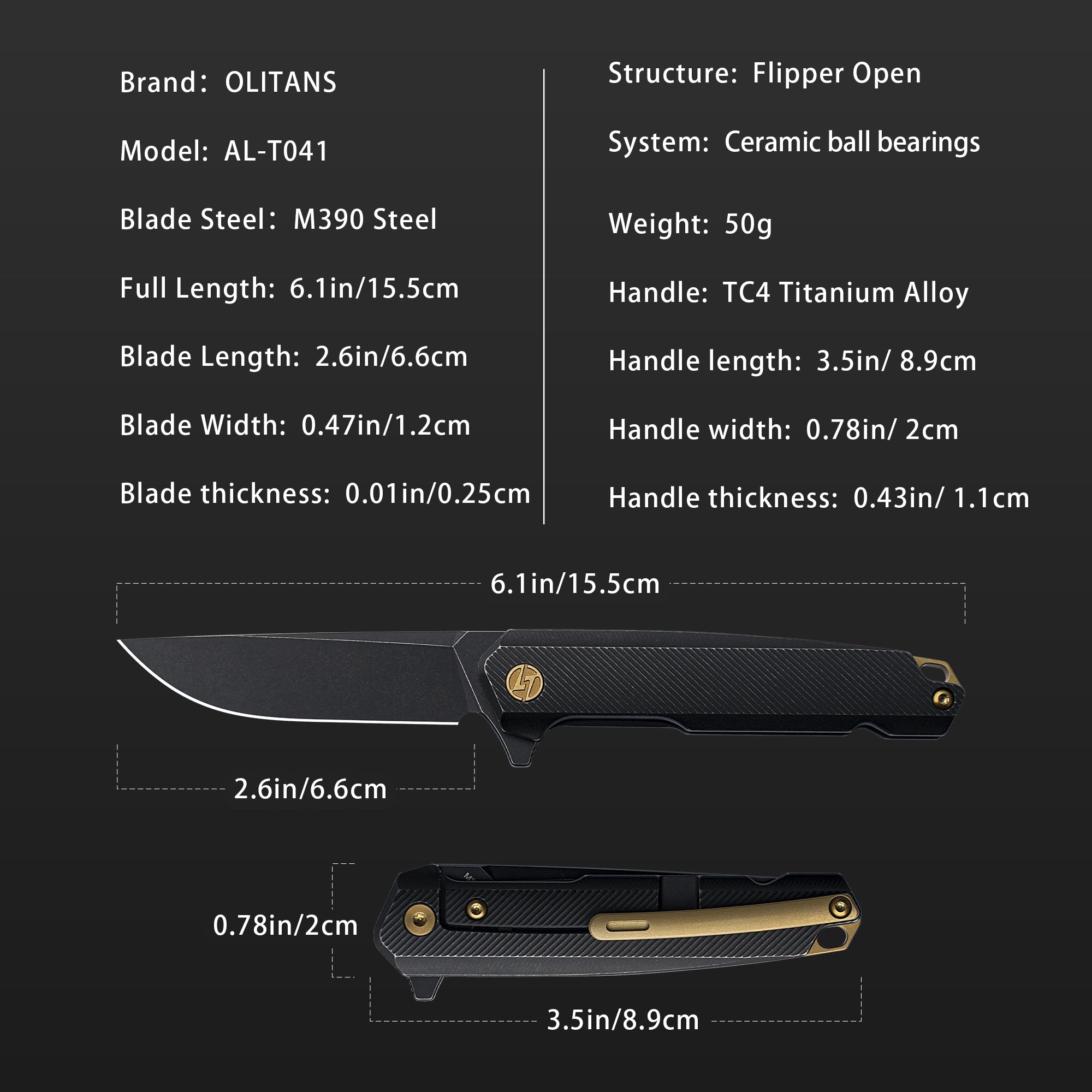 T041 Pocket Knife 2.6'' M390 Blade + Titainium Handle - Frame Lock - Flipper