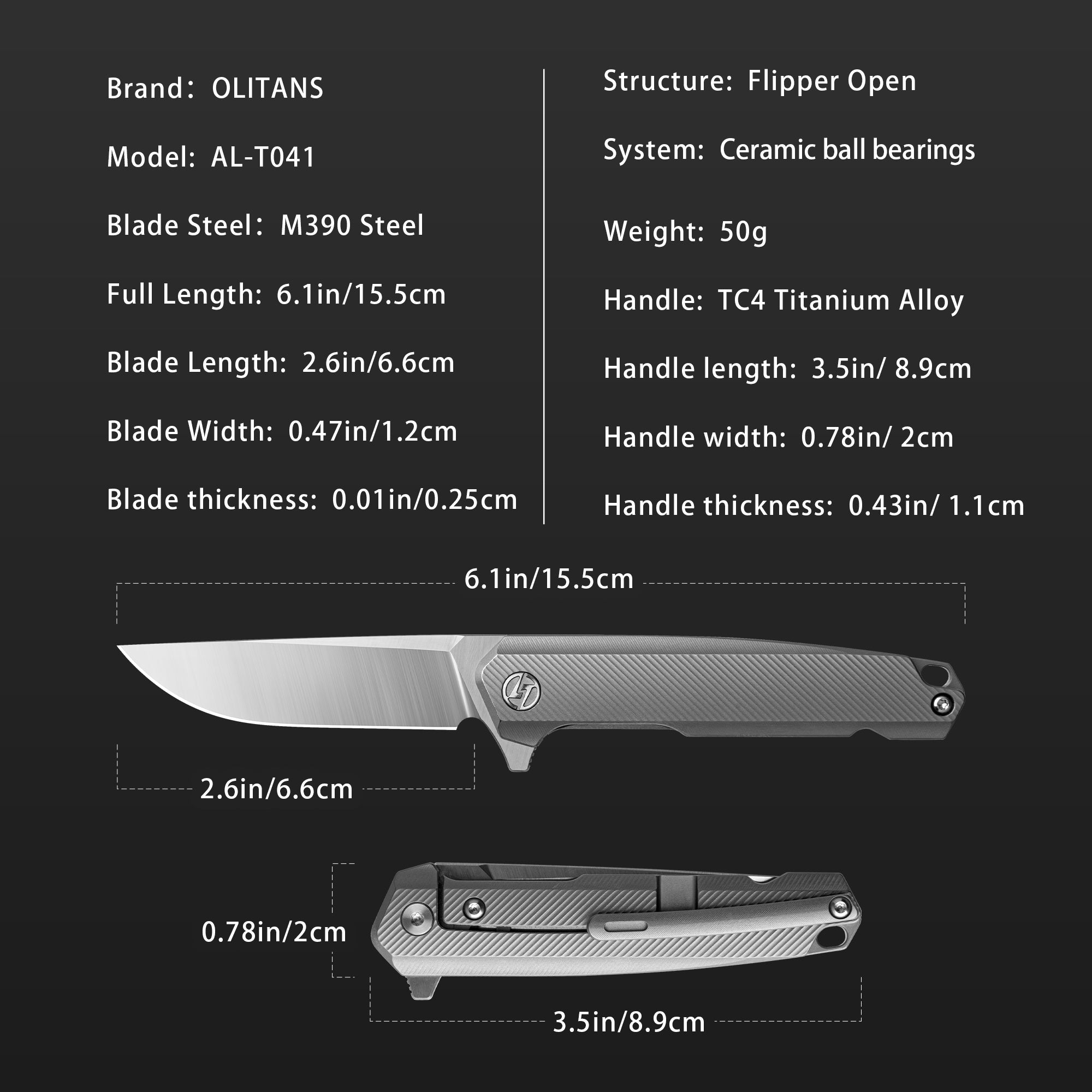 T041 Pocket Knife 2.6'' M390 Blade + Titainium Handle - Frame Lock - Flipper