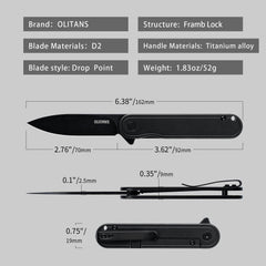 Rocket Pocket Knife（2.76'' D2 Blade+Titanium）Secure Frame Lock-Flipper-T025